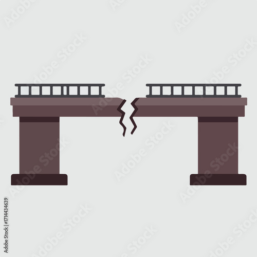 Abstract cracked bridge illustration with support pillars on a gray background