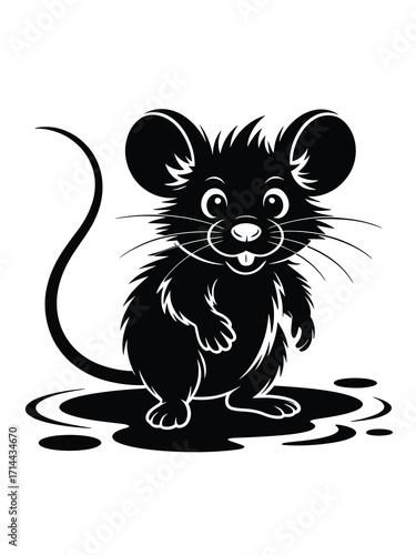 Cute black cartoon mouse standing in a puddle illustration