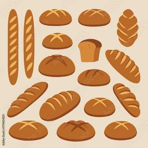 A collection of various styles of cartoon-like bread loaves against a tan background