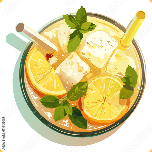 Flat vector illustration of cocktail on white background, flatlay, top view. Vector illustration of summer beverage on white background