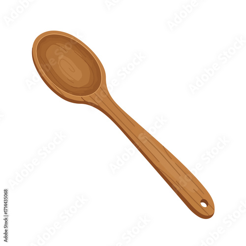 A digitally illustrated wooden spoon with visible grain lying diagonally on a white background