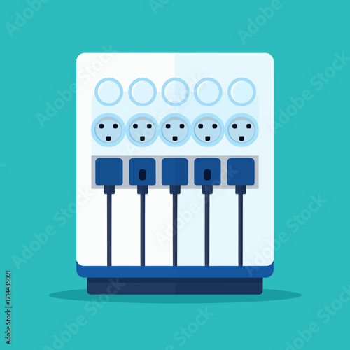Flat design illustration of a universal charging station with multiple outlets for electronic devices