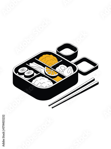 Japanese bento box with chopsticks and dipping sauce containers