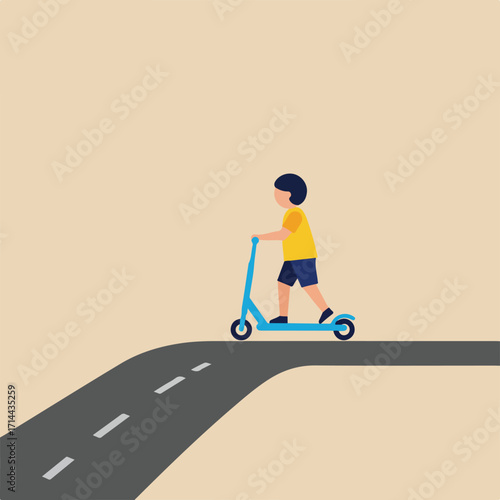 Child on a scooter rides on an asphalt path on a beige background, minimalist flat design