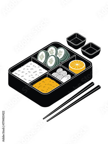 Japanese bento box with rice sushi and side dishes