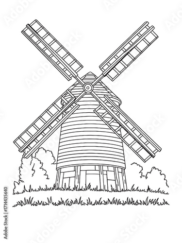 Traditional wooden windmill with four blades illustration