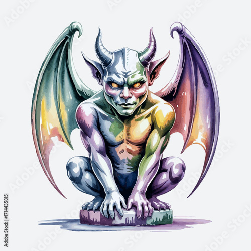 Colorful gargoyle statue with wings sitting on a stone base  