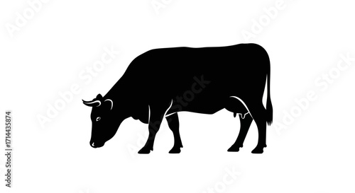 A simple black silhouette of a domestic cow with an udder, grazing against a plain white background.