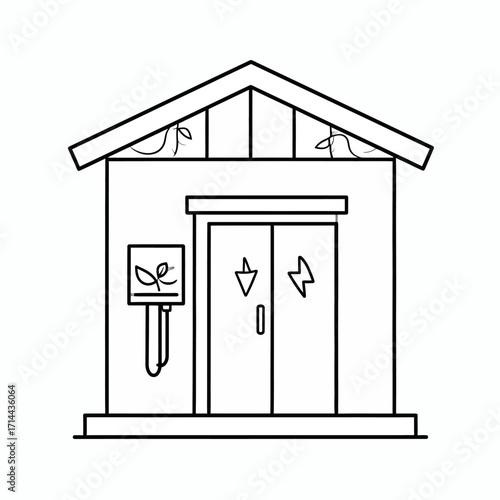 Illustration of a small building with an electrical charging station attached to the side