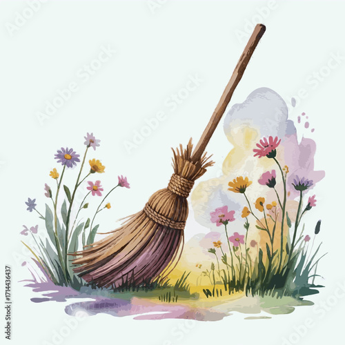 Broom resting among colorful flowers in a vibrant garden scene  