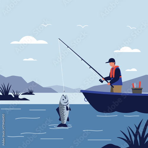 Fisherman catches fish in boat. Landscape with mountains, water, plants and cloudy sky