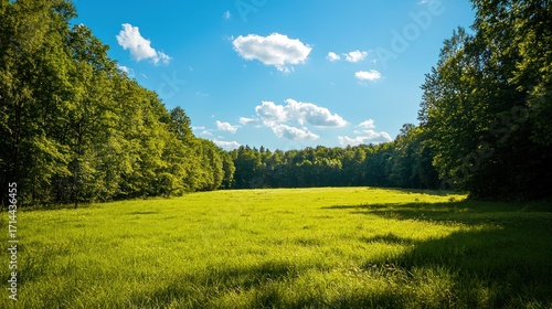 A lush green meadow surrounded by dense forests, with a bright blue sky and a few clouds.