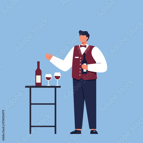 Stylized illustration of a waiter presenting wine from a table against light blue backdrop