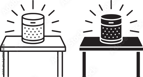 Smart Speaker Icon on Desk with Voice Assistant and Sound Waves