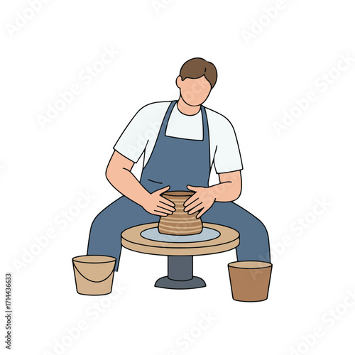 A seated person creates pottery at a wheel, buckets beside
