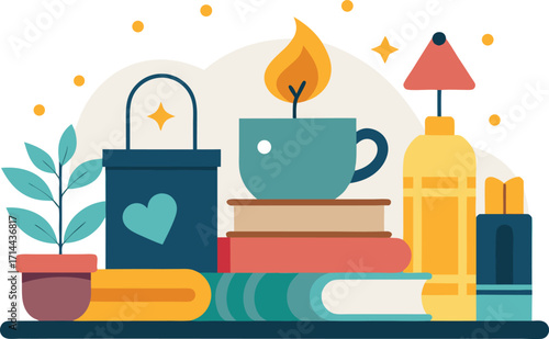 Vector art of cozy illustration of books, candle, and plant, creating a warm and inviting atmosphere