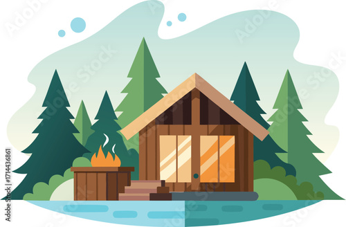 Vector art of a cozy cabin nestled in the woods with a crackling fire, a perfect retreat