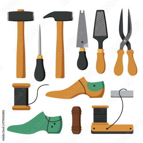 An assortment of shoemaking tools, including hammers, awls, and shoe lasts, in flat vector