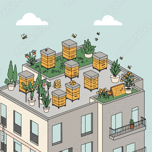 Rooftop beekeeping scene with hives, plants, and bees on building against light blue sky background