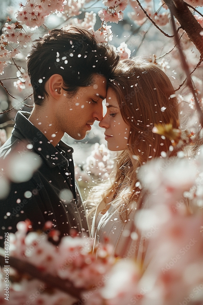 Obraz premium Romantic encounter beneath cascading cherry blossoms evoking timeless affection