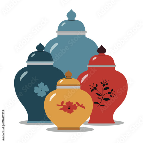 Colorful decorative ginger jars with floral accent, featuring blue, orange, and red hues