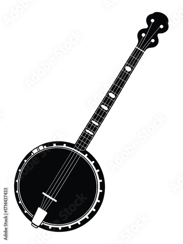 Black and white illustration of a banjo musical instrument