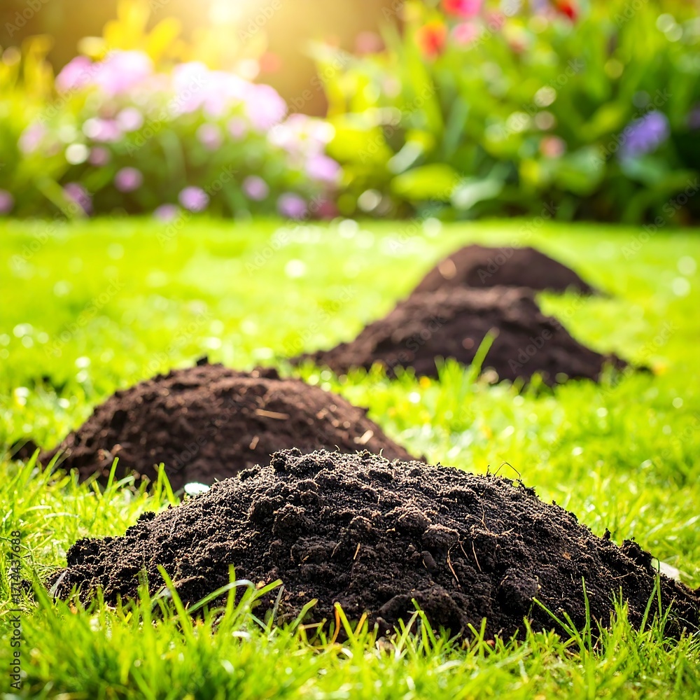 Fototapeta premium Mounds of dark soil in a garden