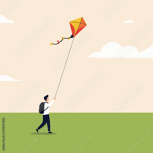 Man flies a kite in a minimalist vector landscape with clouds, grass, and tan sky