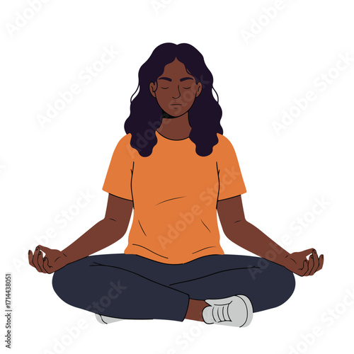 Illustration of a woman in lotus position, orange shirt, dark blue pants and white sneakers