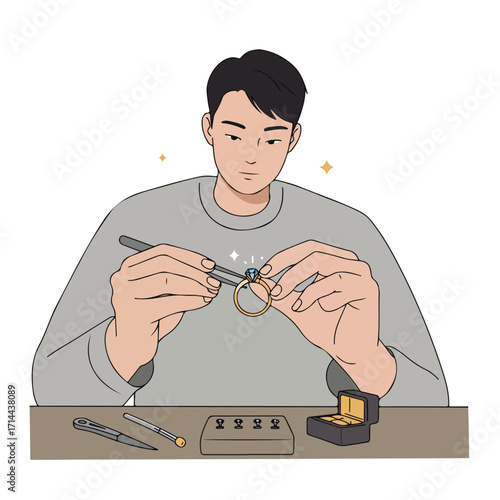 Focused artisan sets a brilliant gem into a gold ring with precision and care