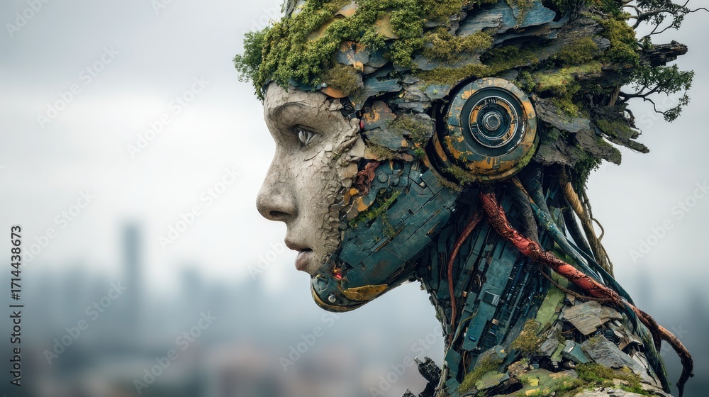 Fototapeta premium Nature-Infused Robot Sculpture in Futuristic City