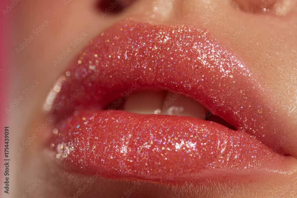 Obraz premium Close-up of glamorous woman's red lips with glitter, perfect shine, lipstick advertisement for beauty product, showing healthy, attractive makeup on a young female face