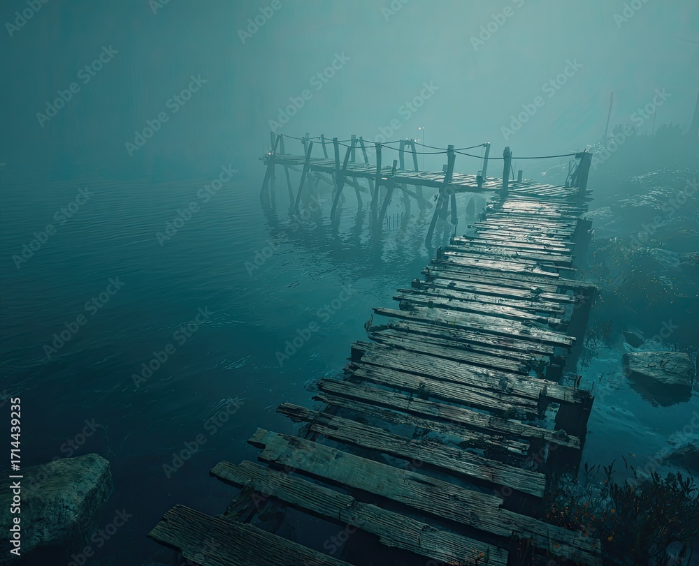 Obraz premium A weathered wooden pier extends into a misty lake. Fog shrouds the scene, lending a mysterious ambiance. Decayed planks and supports suggest abandonment