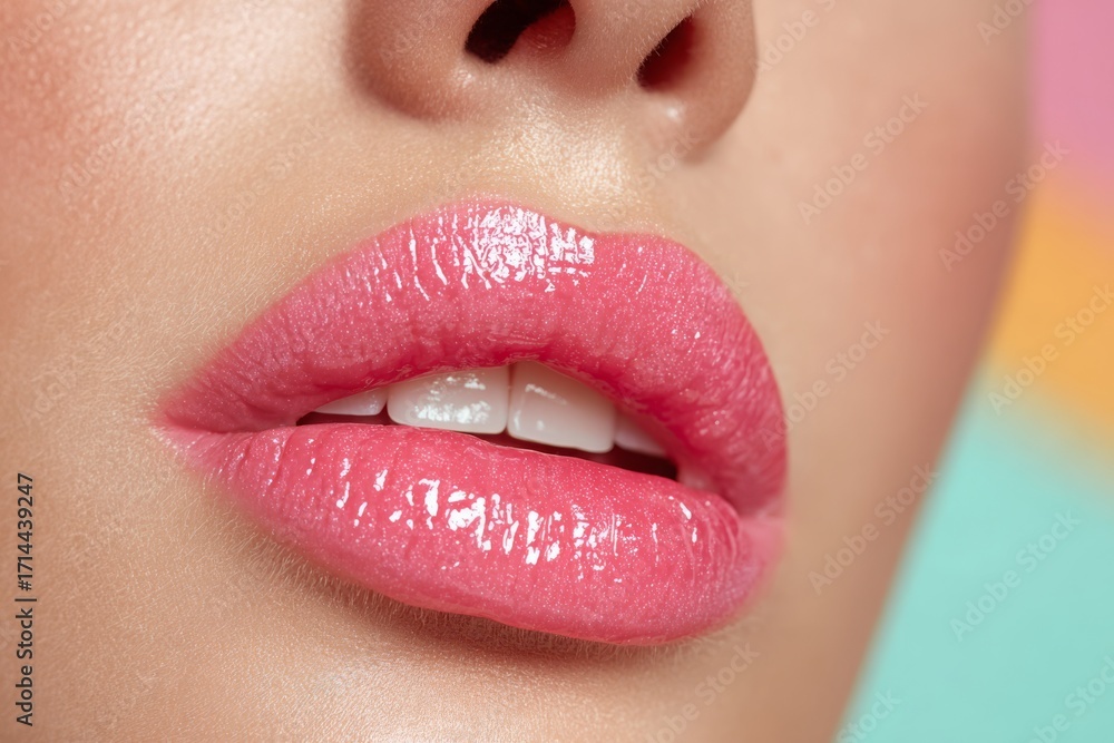 Fototapeta premium Close-up of a woman's face with glossy pink lips, showcasing her perfect white teeth and smooth skin against a vibrant, colorful background, enhancing her natural beauty.