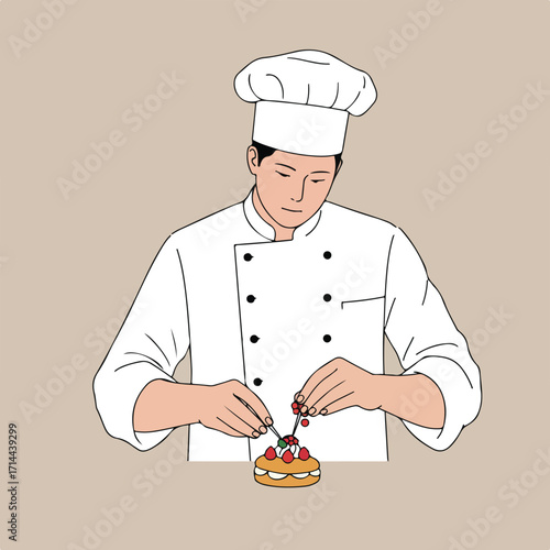 A chef in uniform delicately places berries on a pastry with whipped cream and sliced strawberries