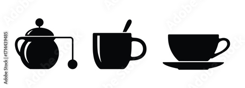 WebBrewing moments with elegant tea pot, coffee mug, and cup silhouette icons, perfect for cafe menus and cozy lifestyle designs, inviting relaxation and simple pleasures