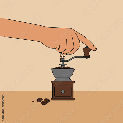 Illustrated hand cranks a manual burr coffee grinder. Coffee beans scattered on counter