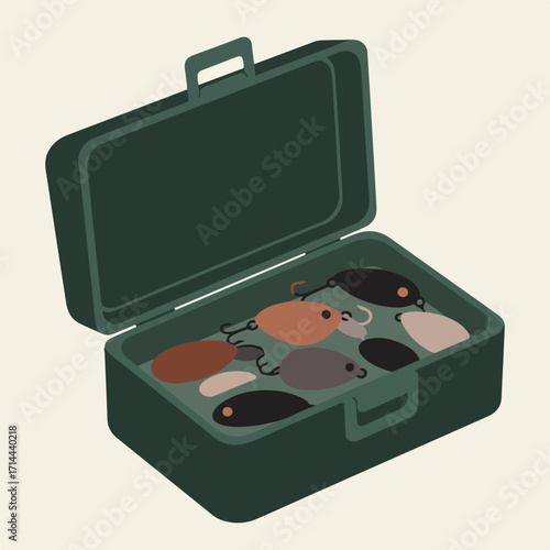 An open dark green tackle box filled with fishing lures against a solid beige background