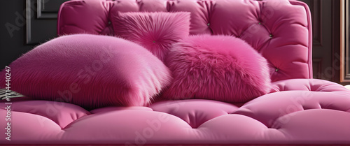 Dark pink bed with fluffy cushions. Cozy bedroom featuring pink bed and pillows. Soft fur cushions on pink bedding. Stylish pink bedroom for pink enthusiasts.