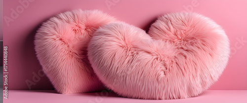Large pink heart shaped cushion closeup. Fluffy faux fur pillow. Soft pink heart cushion on pink background. Plush heart shaped pillow creating warm feeling.