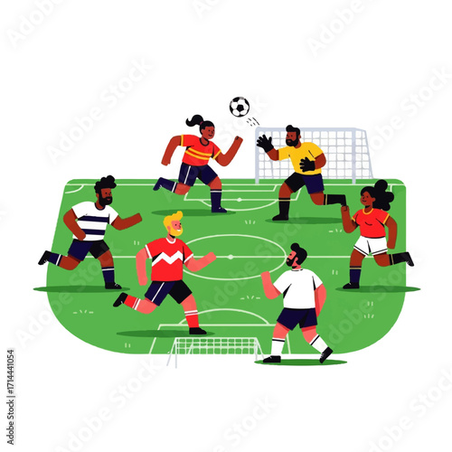 Diverse group of athletes playing soccer on a vibrant green field, engaging in a lively game with a soccer ball in the air and goalposts in the background