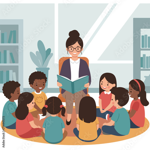 Teacher reading a book to children sitting in a circle, surrounded by bookshelves