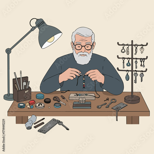 Artistic image of a gray haired person at a workbench making jewelry with various tools