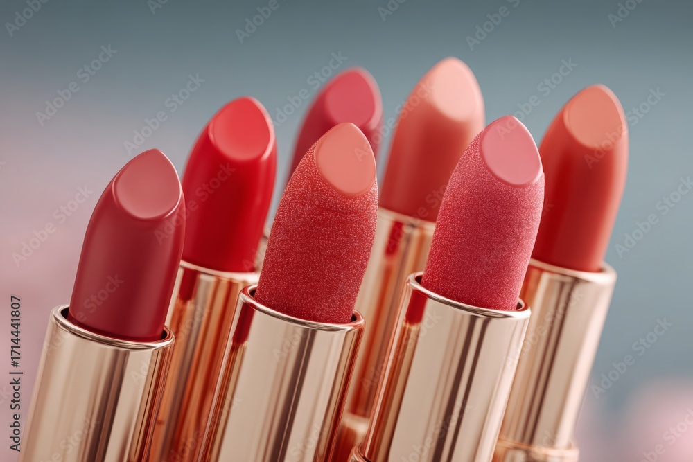 Obraz premium A vibrant collection of lipsticks in varying shades of red, coral and pink, displayed in shiny gold tubes, creating an eye-catching cosmetic arrangement.