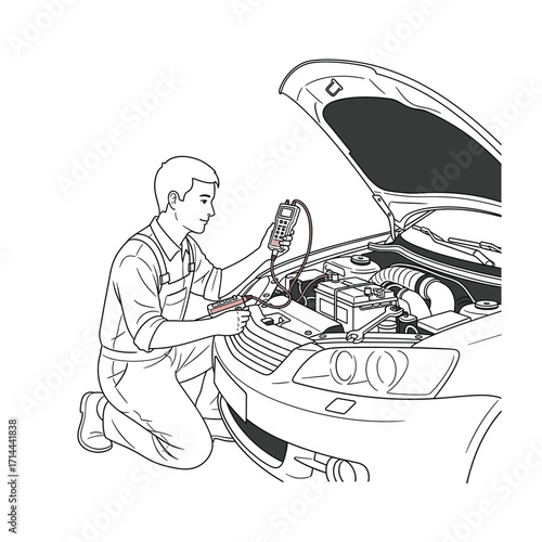 Car Maintenance Mechanic Checking and Topping Up Vehicle Fluids Like Coolant and Wiper Fluid for Optimal Vehicle Health and Performance, Road Safety