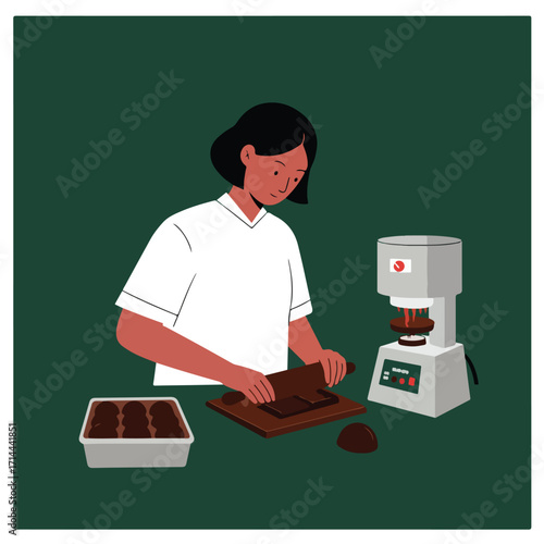 Person working with chocolate near a machine, on a dark green background in simple style