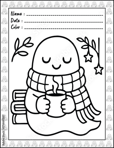 Bold and Easy Spooky Hygge Coloring Book for Adults and Kid. High resolution (300 DPI), Ready to print on standard 8.5x11-(A4) inch paper With (No Bleed), Black and White. Vector illustration