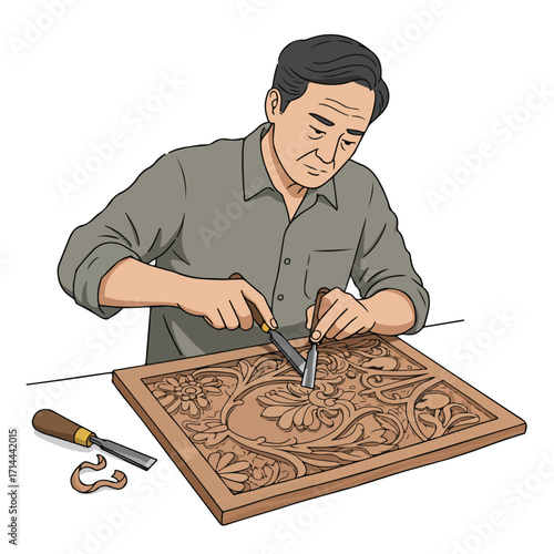 Person carefully carving wood panel with floral design using chisels on a white table