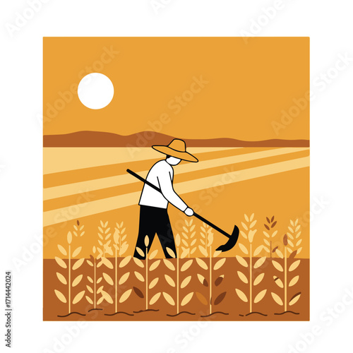 Vector illustration showing a farmer tilling the soil under a bright sun in a vast field