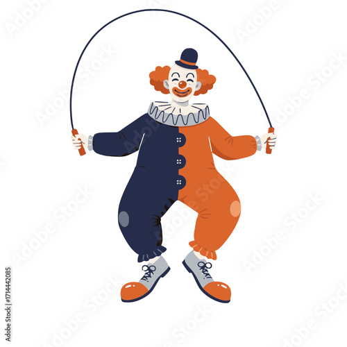 Cheerful clown jumping rope, playful illustration, colorful design